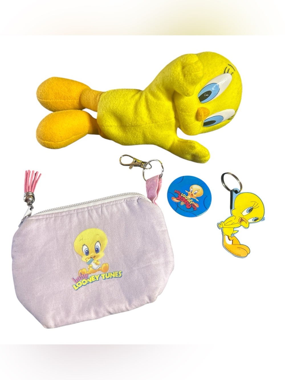 Vintage Tweety Bird Plush Pouch Keychain Pin Lot Baby Looney Tunes 2000 WB Set